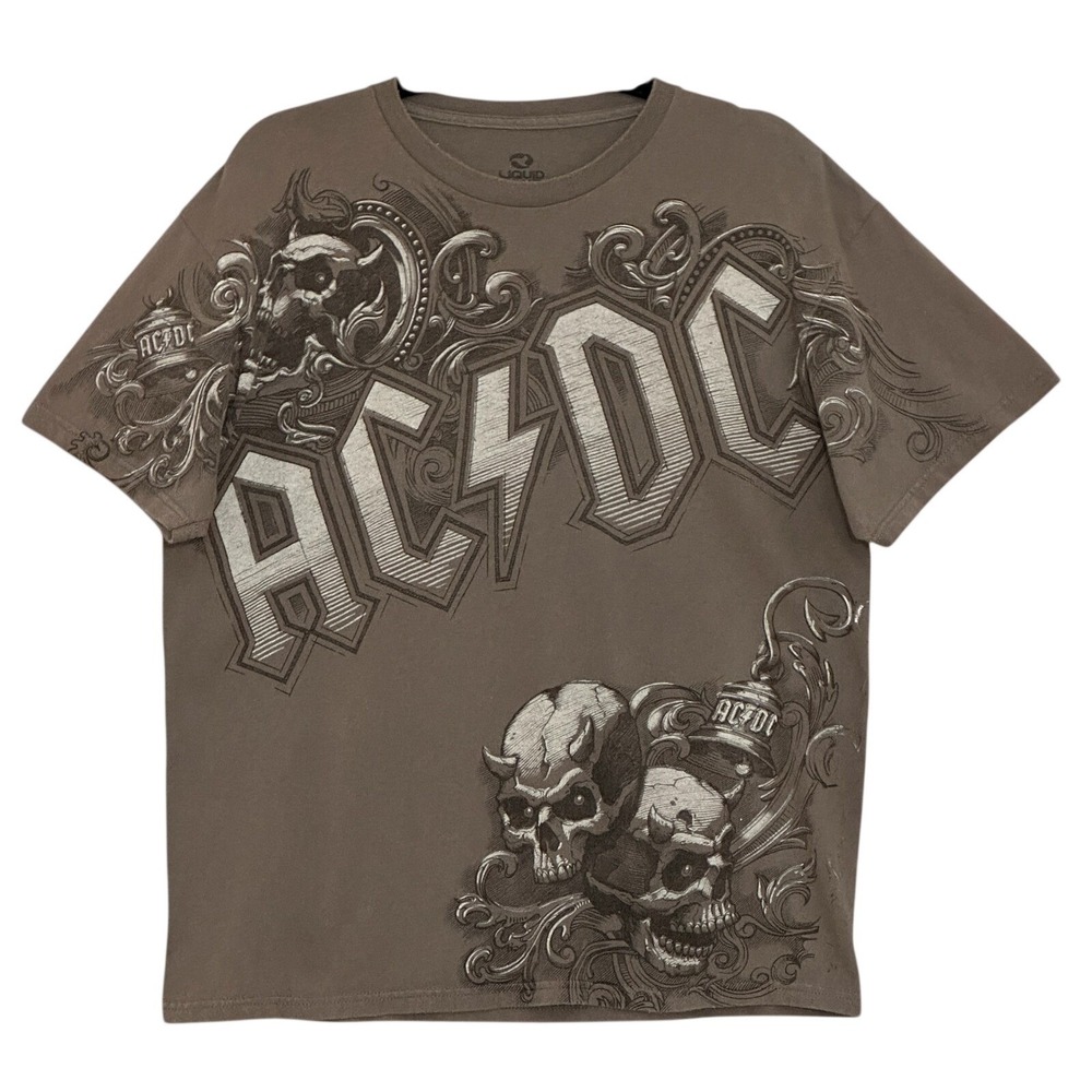 ACDC Shirt Mens Large Gray Liquid Blue Graphic Tee Skulls Rock Band Concert Tour